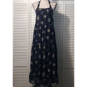 Who What Wear Halter Maxi Dress Womens XS Black Floral Tiered Chiffon Sleeveless